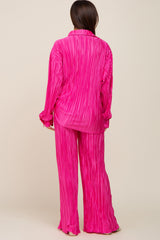 Fuchsia Pleated Plisse Button Up Two-Piece Maternity Set