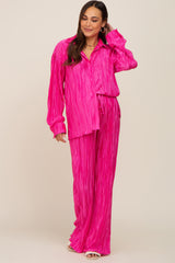 Fuchsia Pleated Plisse Button Up Two-Piece Maternity Set