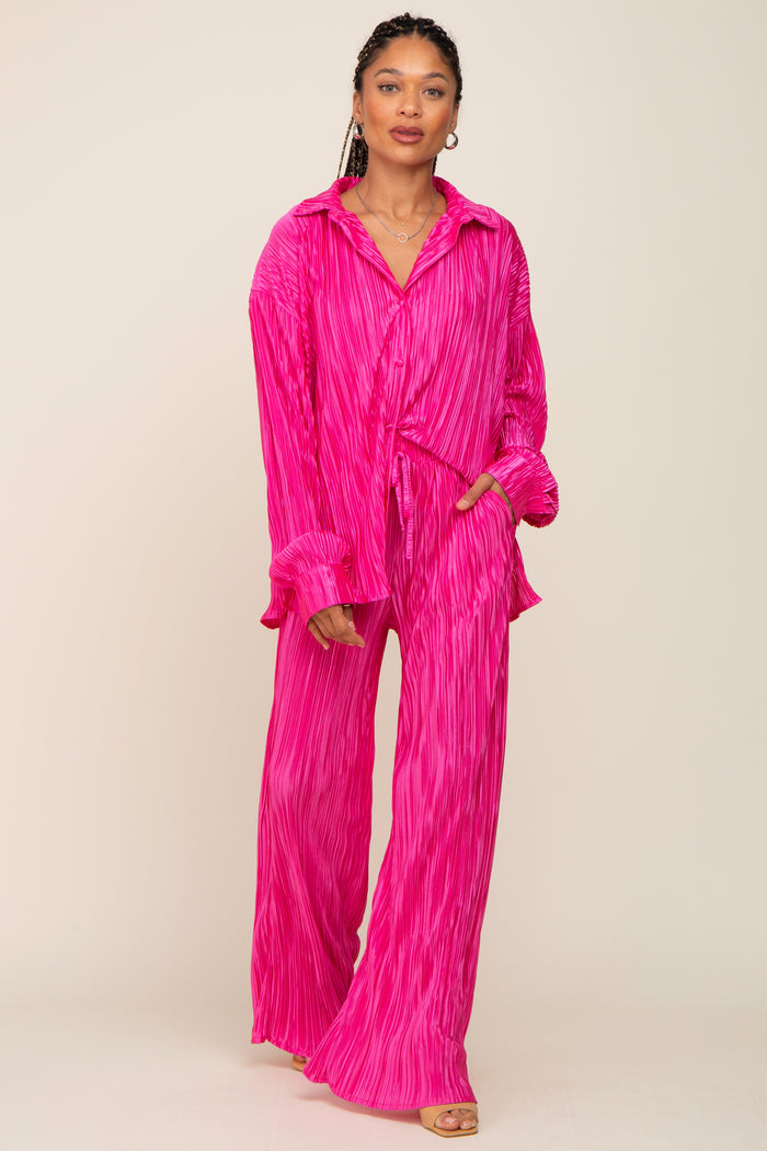 Fuchsia Pleated Plisse Button Up Two-Piece Set