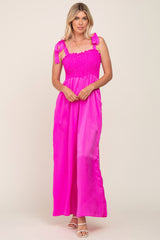 Fuchsia Satin Smocked Square Neck Shoulder Tie Jumpsuit