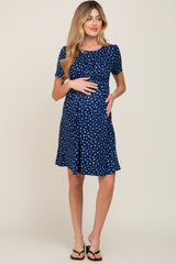 Navy Floral Smocked Short Sleeve Maternity Dress