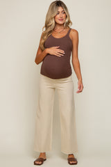 Beige Raw Hem Wide Leg Maternity Jeans