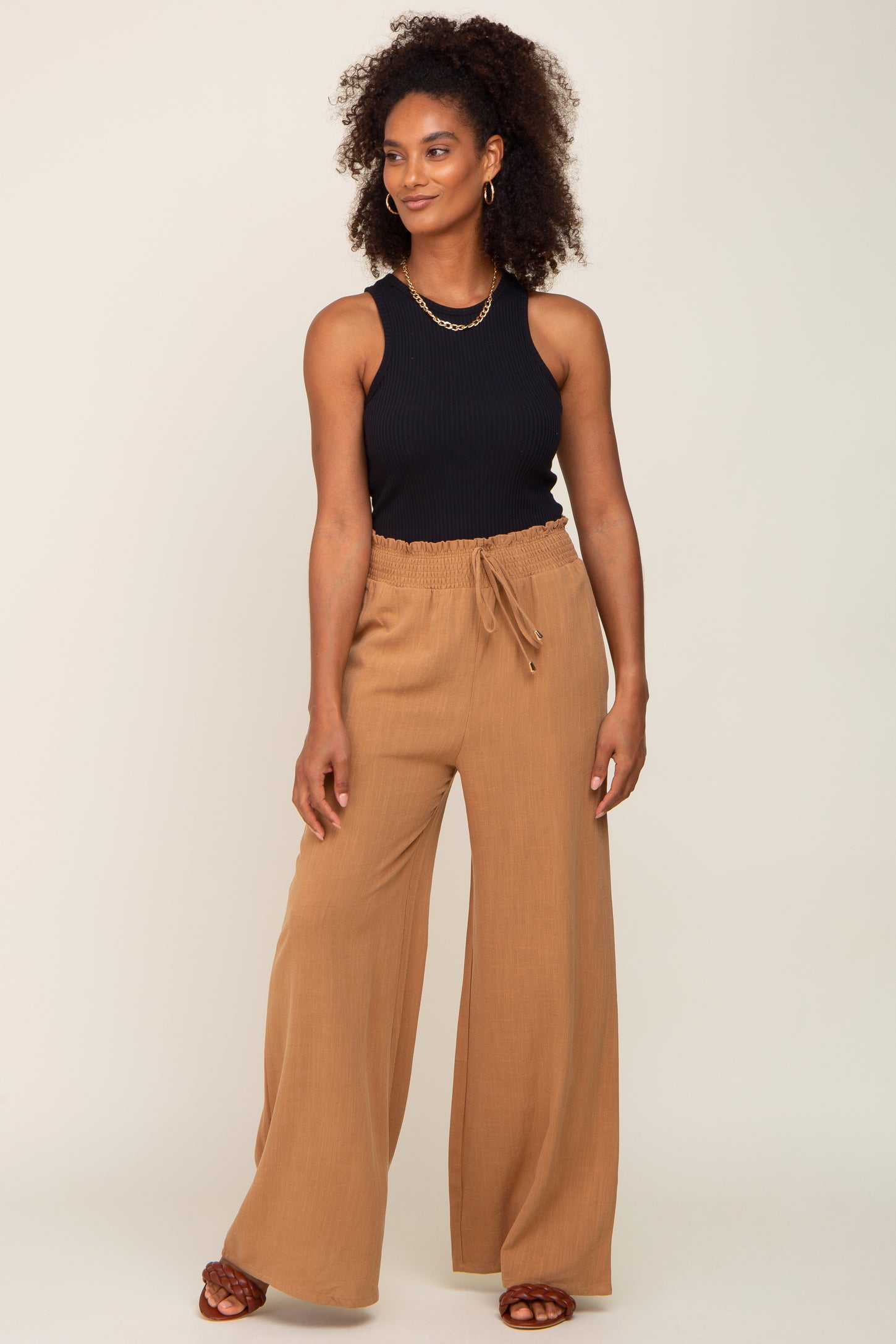 Camel Smocked Waist Wide Leg Linen Maternity Pants