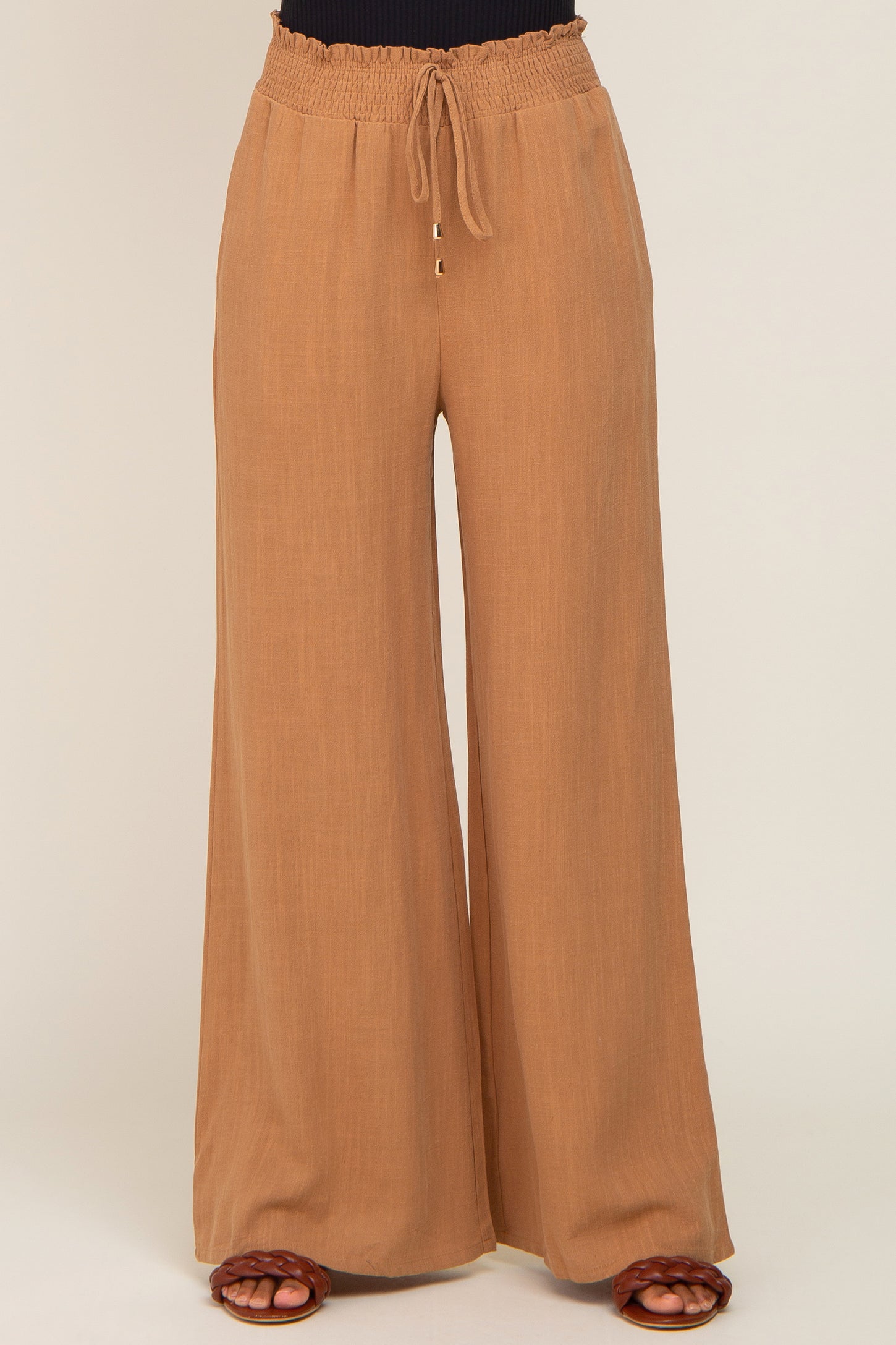 Camel Smocked Waist Wide Leg Linen Pants