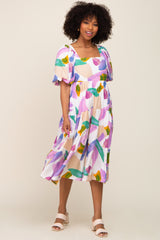 Ivory Watercolor Print Puff Sleeve Maternity Midi Dress