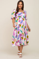 Ivory Watercolor Print Puff Sleeve Maternity Midi Dress