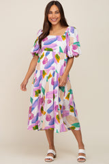 Ivory Watercolor Print Puff Sleeve Maternity Midi Dress