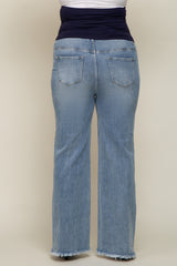 Light Blue Fringe Hem Maternity Plus Wide Leg Jeans