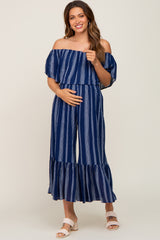 Navy Striped Off Shoulder Maternity Jumpsuit