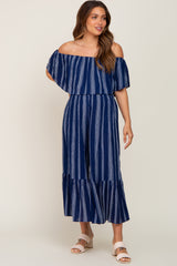 Navy Striped Off Shoulder Maternity Jumpsuit