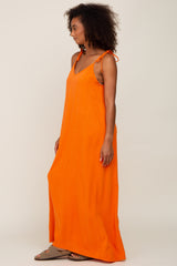 Orange Linen V-Neck Tie Strap Maxi Dress