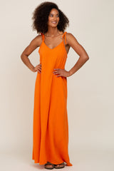 Orange Linen V-Neck Tie Strap Maxi Dress