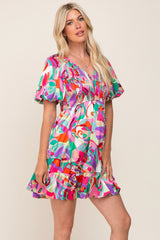 Multi-Color Satin Smocked V-Neck Maternity Dress