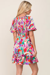 Multi-Color Satin Smocked V-Neck Dress