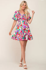 Multi-Color Satin Smocked V-Neck Dress