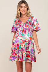 Multi-Color Satin Smocked V-Neck Maternity Dress