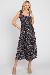 Black Micro Floral Smocked Maternity Dress