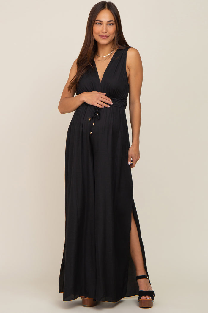 Black Satin V-Neck Side Slit Maternity Jumpsuit