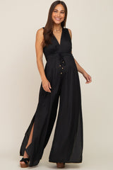 Black Satin V-Neck Side Slit Maternity Jumpsuit