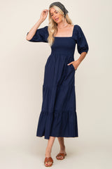 Navy Blue Square Neck Smocked Tiered Maternity Maxi Dress