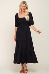 Black Square Neck Smocked Tiered Maternity Maxi Dress