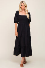 Black Square Neck Smocked Tiered Maxi Dress