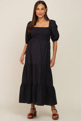 Black Square Neck Smocked Tiered Maternity Maxi Dress