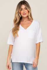 White Pocketed V-Neck Maternity Top