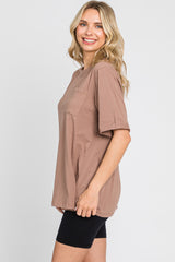 Mocha Oversized Front Pocket Cuffed Short Sleeve Top