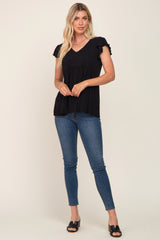 Black Flutter Sleeve V-Neck Top