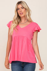 Pink Flutter Sleeve V-Neck Maternity Top