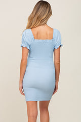 Light Blue Off-Shoulder Smocked Front Tie Fitted Maternity Dress