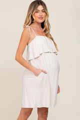 Ivory Ruffle Overlay Shoulder Tie Maternity Dress