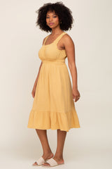 Yellow Gauze Smocked Waist Lettuce Trim Midi Dress