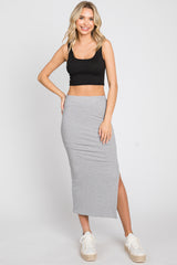 Heather Grey Ribbed Side Slit Midi Skirt
