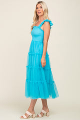 Turquoise Smocked Mesh Ruffle Accent Midi Dress