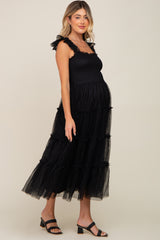 Black Smocked Mesh Ruffle Accent Maternity Midi Dress