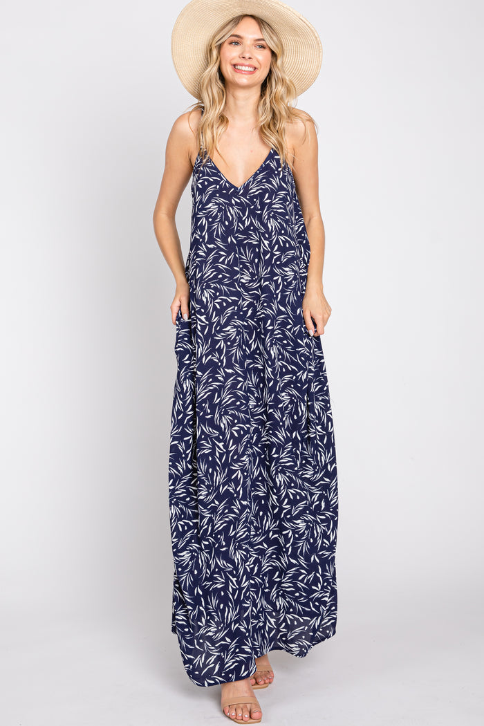 Navy Leaf Print Double V-Neck Maternity Maxi Dress