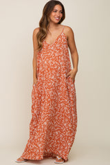 Rust Leaf Print Double V-Neck Maternity Maxi Dress