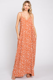 Rust Leaf Print Double V-Neck Maxi Dress