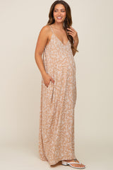 Taupe Leaf Print Double V-Neck Maternity Maxi Dress