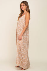 Taupe Leaf Print Double V-Neck Maxi Dress