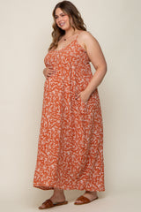 Rust Leaf Print Double V-Neck Maternity Plus Maxi Dress