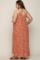 Rust Leaf Print Double V-Neck Maternity Plus Maxi Dress