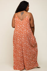 Rust Leaf Print Double V-Neck Plus Maxi Dress