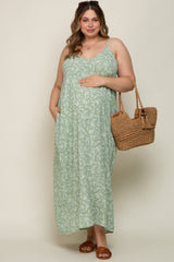 Mint Leaf Print Double V-Neck Maternity Plus Maxi Dress