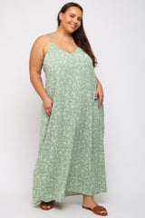 Mint Leaf Print Double V-Neck Plus Maxi Dress