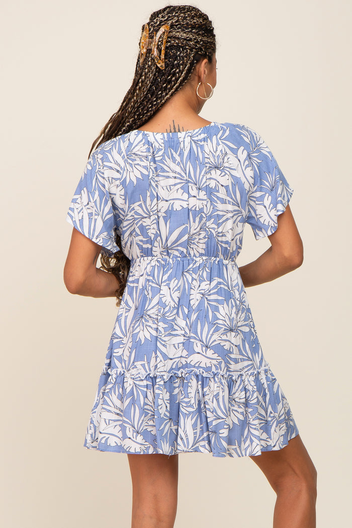 Periwinkle Palm Print Short Sleeve Ruffle Dress