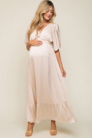 Beige Striped Ruffle Accent Maternity Maxi Dress