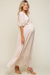 Beige Striped Ruffle Accent Maternity Maxi Dress